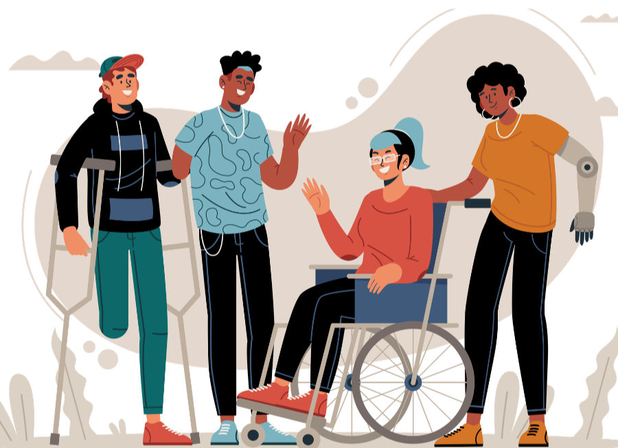 Four diverse friends smile and wave, one in a wheelchair, others with crutches and a prosthetic arm, in a bright outdoor scene.