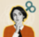 Thoughtful woman in pop-art collage, orange polka-dot top, looking up with finger on chin; teal scissors icon on cream background