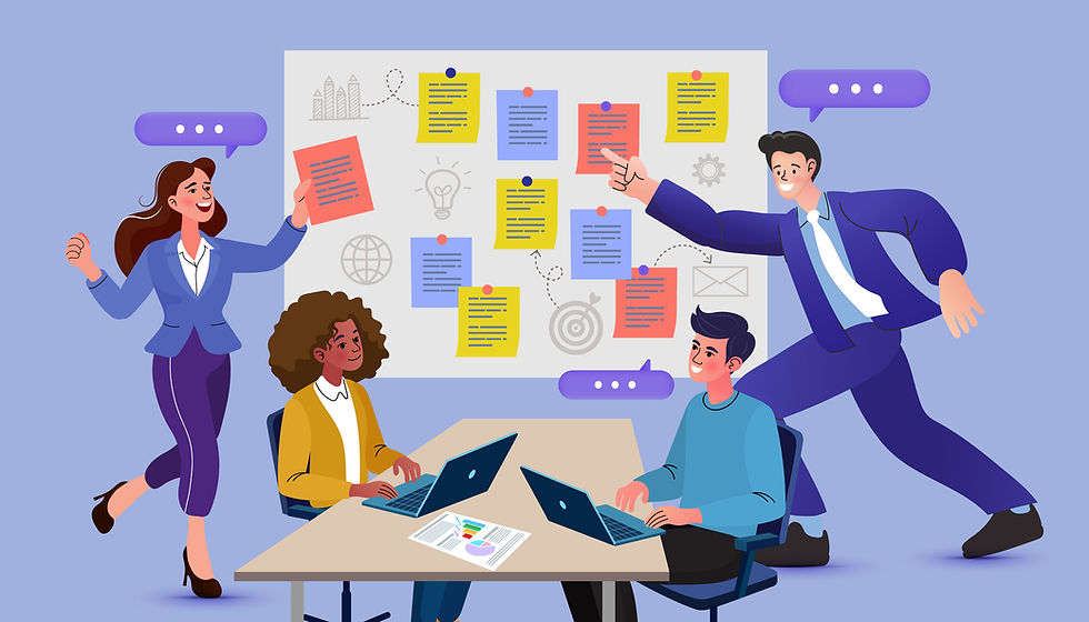 Four animated people in an office setting collaborate. Two seated with laptops, two standing, interacting with sticky notes on a board.