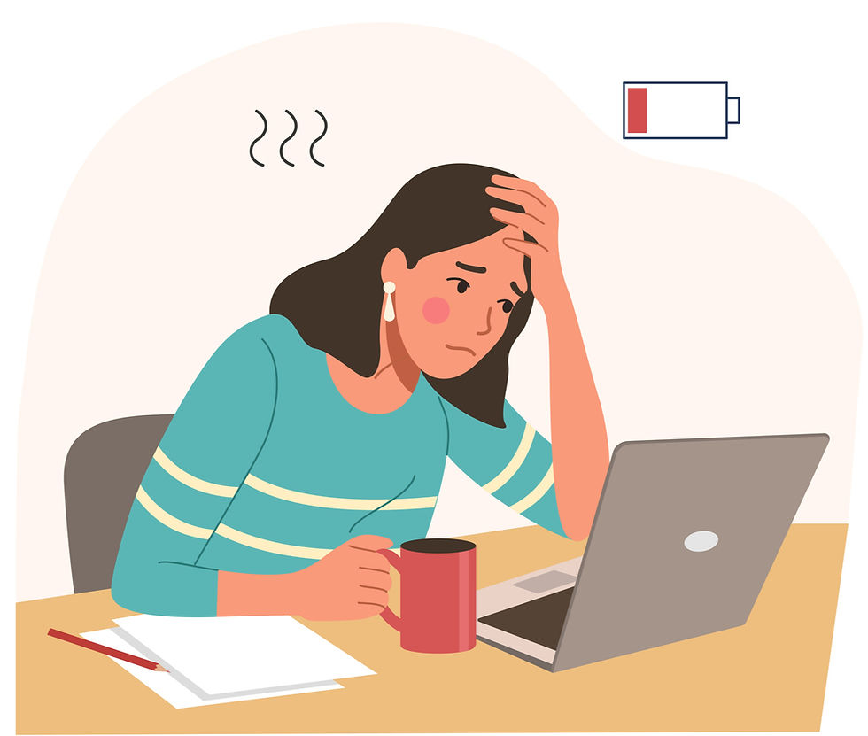 Stressed woman at desk with laptop, mug and papers, holding her head; low battery icon suggests exhaustion.