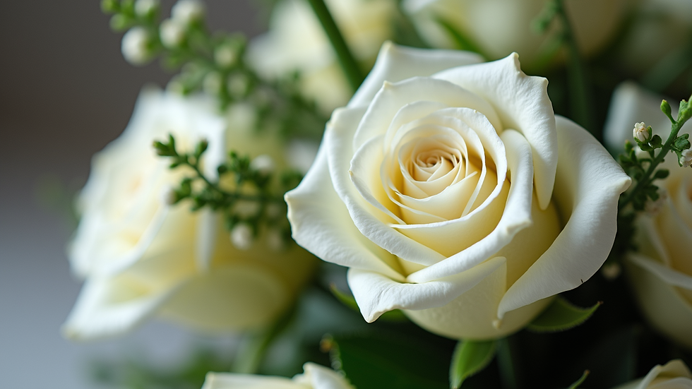 Eye-level view of a custom sympathy flower bouquet with white roses and greenery