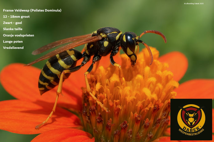 Close-up van een Franse veldwesp op een oranje bloem; informatieve afbeelding gebruikt door Dabek Wespenbestrijding voor herkenning van wespensoorten in Gent en omstreken.