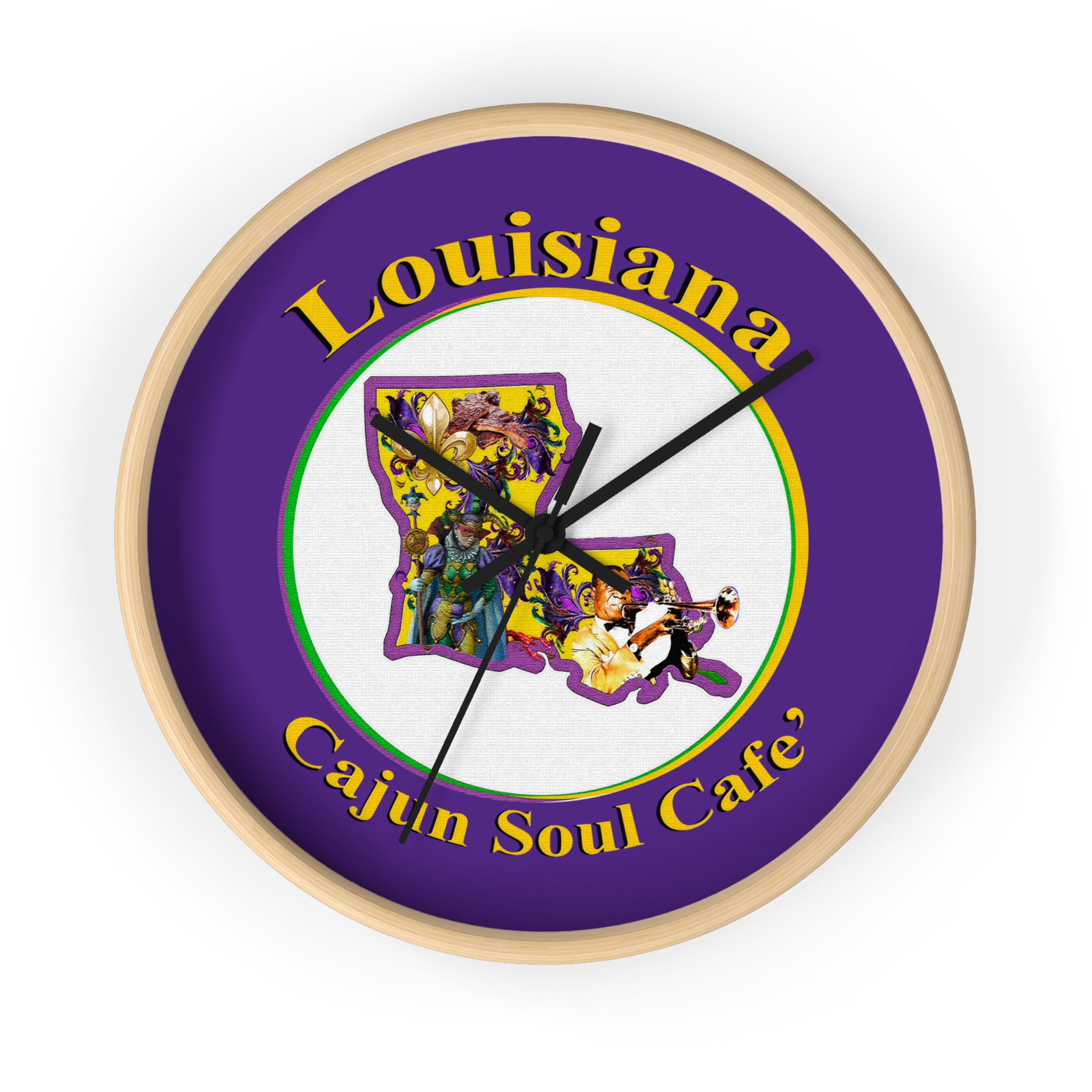 Louisiana Cajun Soul Café Wall Clock — Purple State Map Design