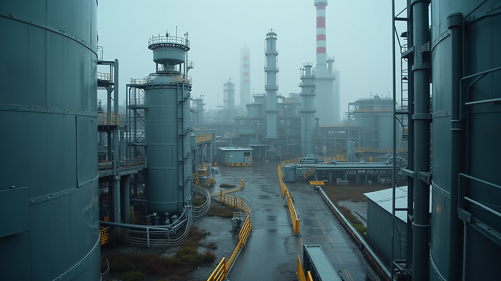 High angle view of industrial facility with environmental monitoring equipment