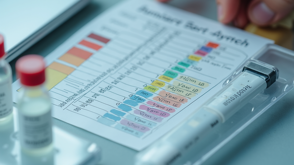 Close-up view of a TBN test kit with reagents and color chart