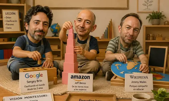 Retratos de Larry Page, Sergey Brin y Jeff Bezos junto al logo de Montessori Learning Center El Paso en 244 N Resler Dr.