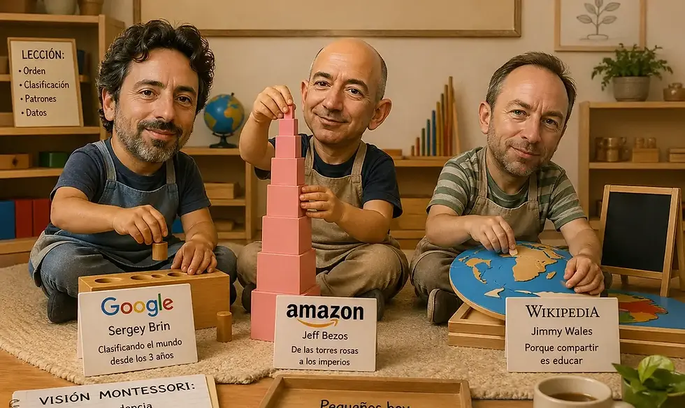 Retratos de Larry Page, Sergey Brin y Jeff Bezos junto al logo de Montessori Learning Center El Paso en 244 N Resler Dr.