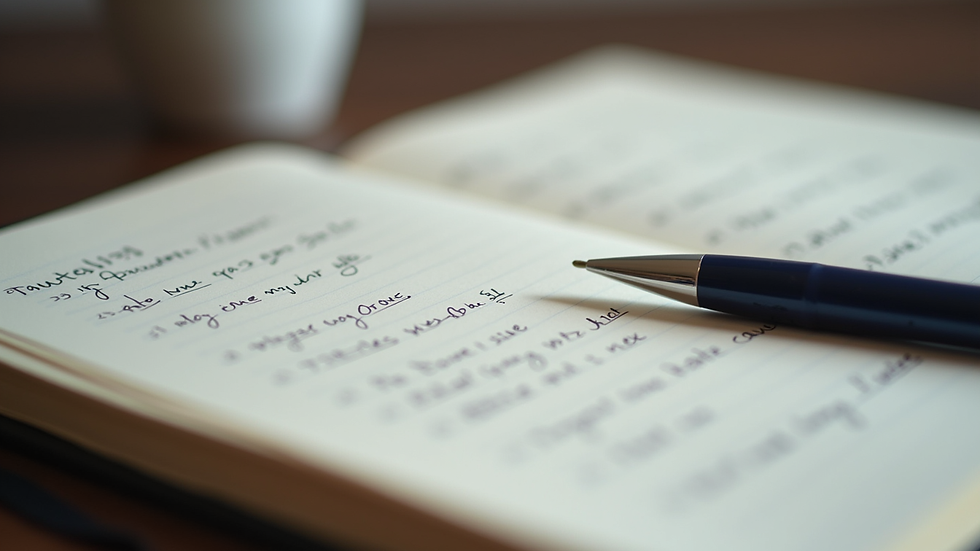 Close-up view of a journal with handwritten notes and a pen