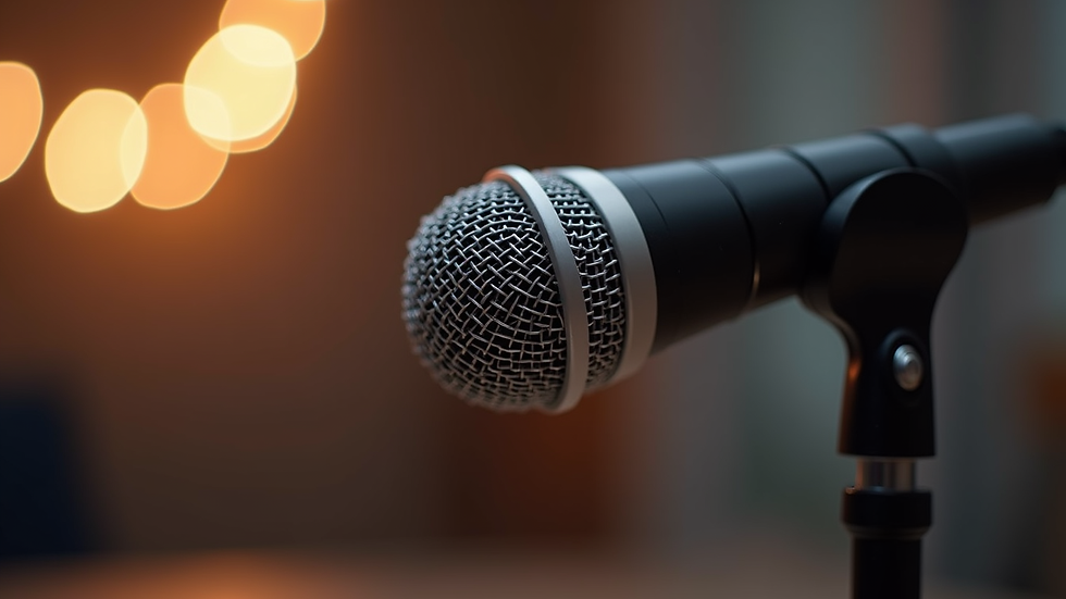 Close-up view of a microphone on a stand ready for a podcast recording