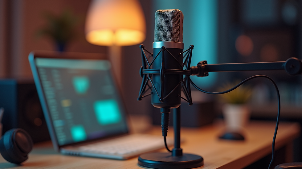 Close-up view of a microphone on a podcast studio desk