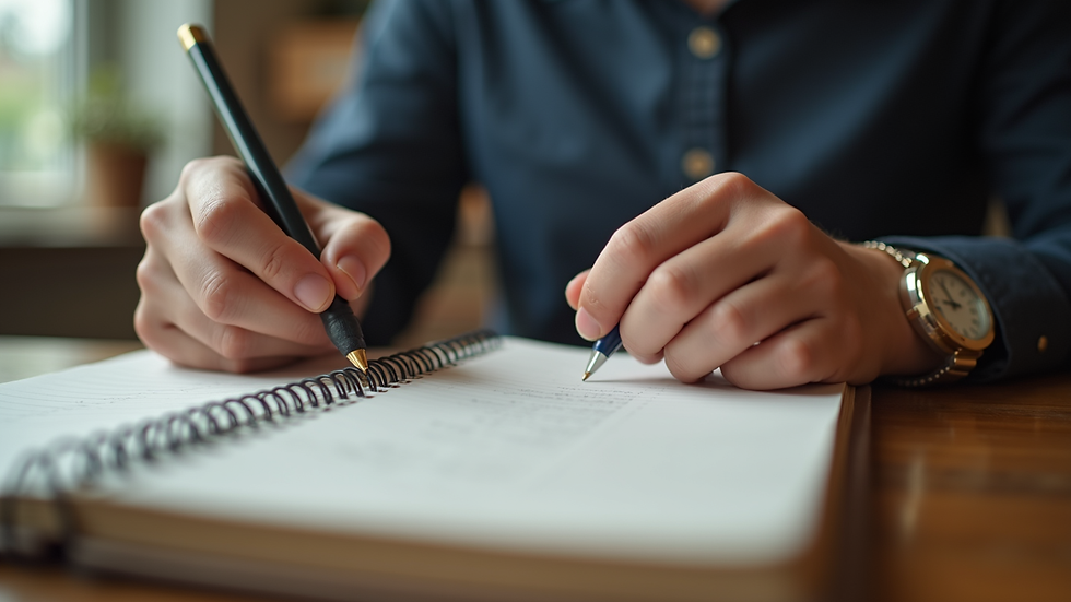 Eye-level view of a person writing in a journal on a wooden desk
