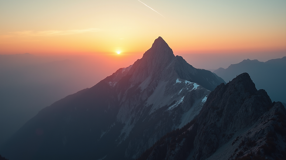 Eye-level view of a mountain peak with sunrise in the background