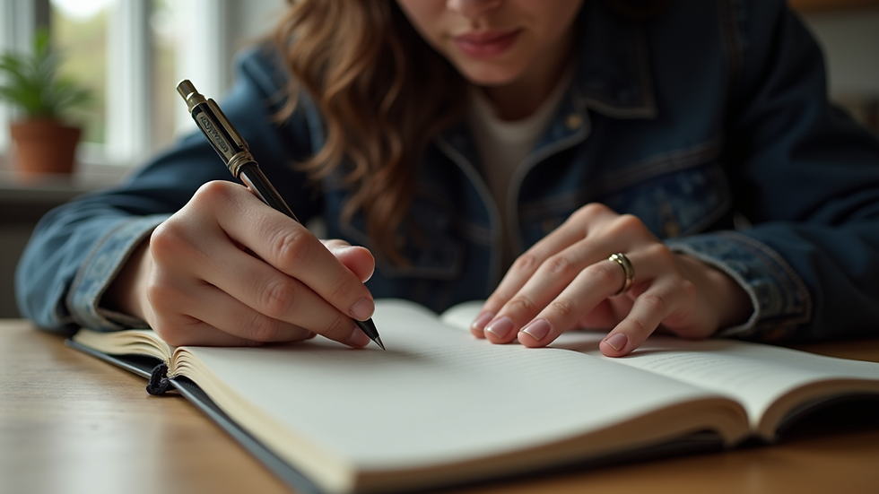 Eye-level view of a person writing in a journal with a focused expression