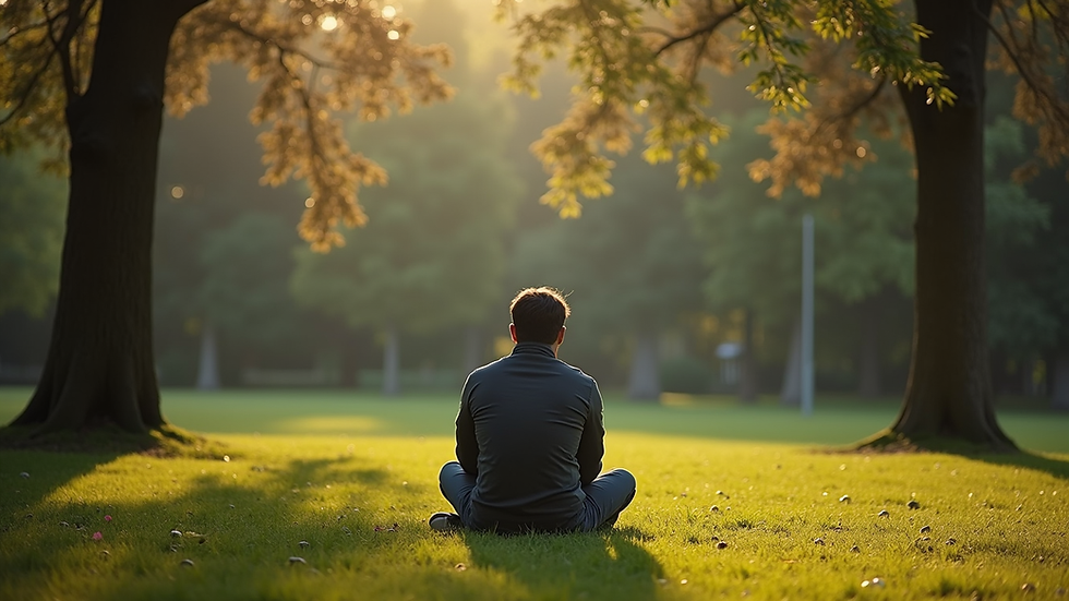 Eye-level view of a person sitting peacefully in a quiet park surrounded by trees