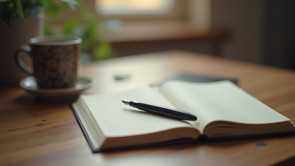 Close-up view of a journal and pen on a wooden desk