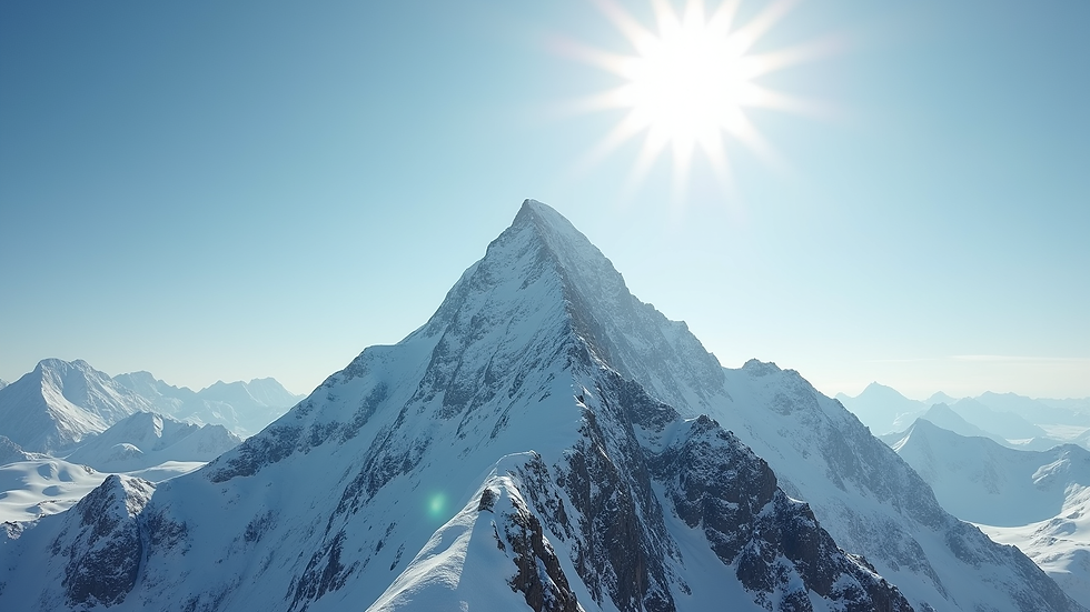 Eye-level view of a mountain peak under a bright sky