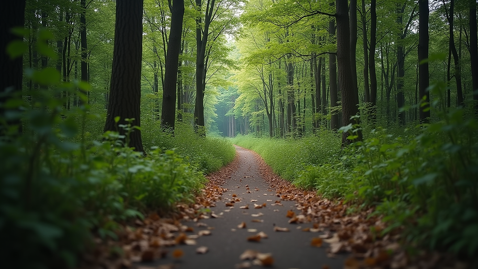 Eye-level view of a winding path through a forest symbolizing a journey