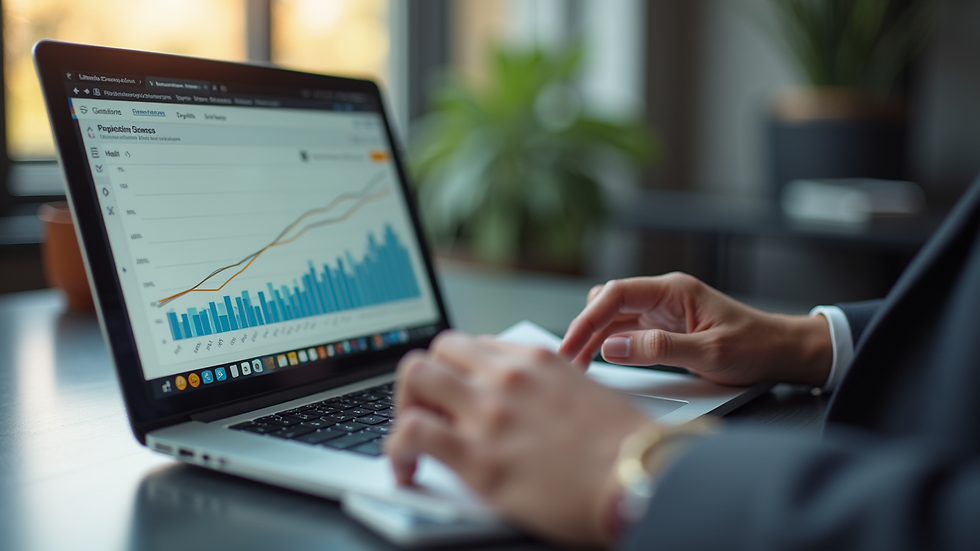 Close-up view of a marketing consultant presenting a growth strategy on a laptop
