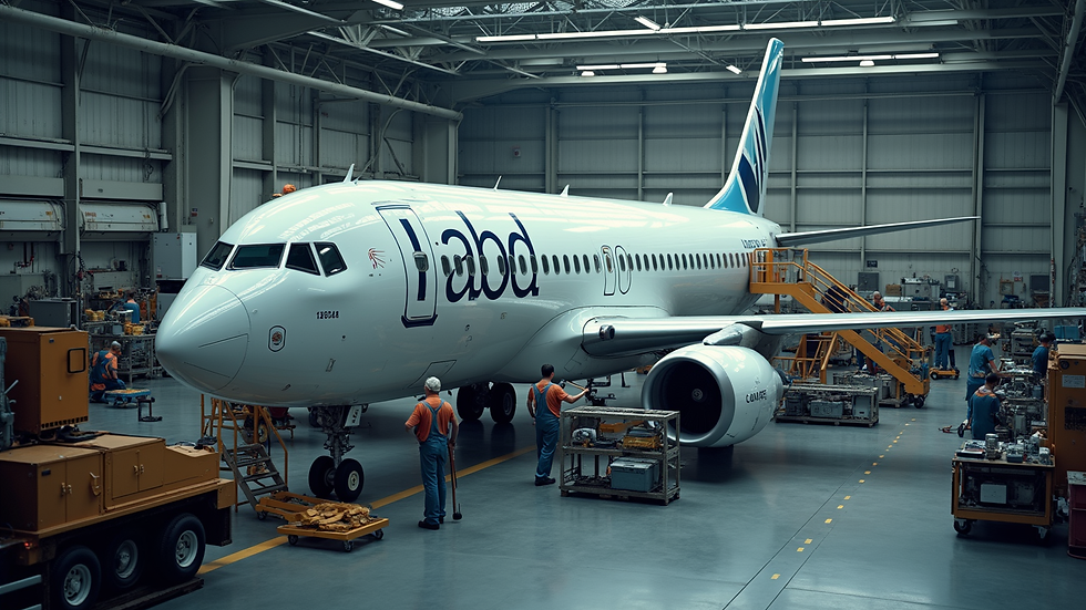 High angle view of aircraft repair station with technicians working on airplane parts