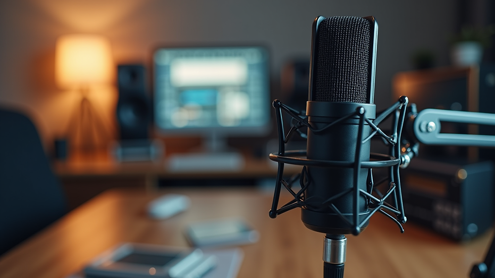 Eye-level view of a microphone on a podcast studio desk