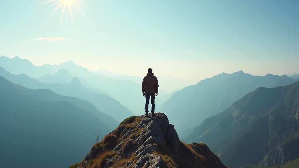 Eye-level view of a person standing on a mountain peak looking at the horizon