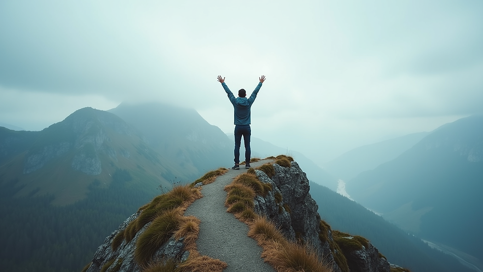 Eye-level view of a person standing on a mountain peak with arms raised