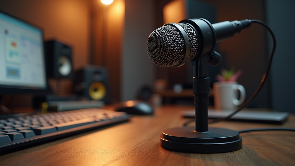 Eye-level view of a microphone on a podcast studio desk