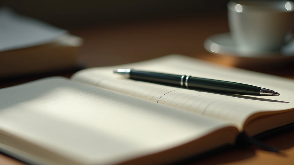 Close-up view of a journal and pen on a wooden desk
