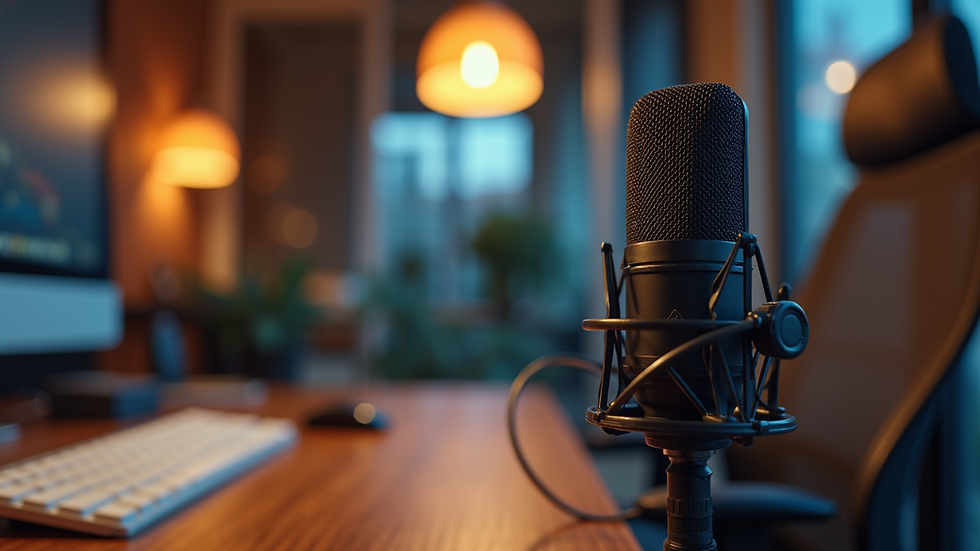 Eye-level view of a microphone on a podcast studio desk