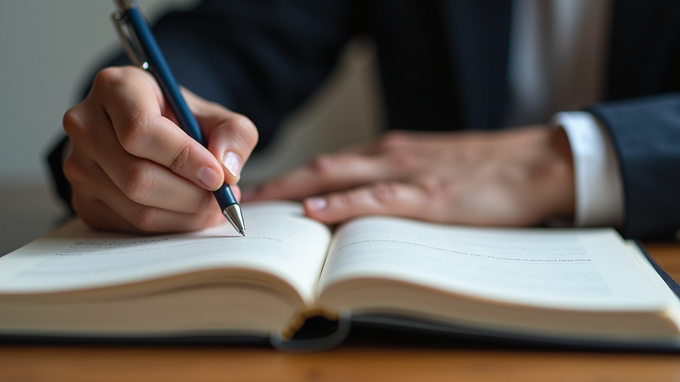 Close-up view of a person writing in a journal with a pen