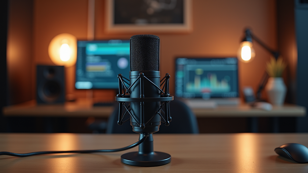 Eye-level view of a microphone on a podcast studio desk