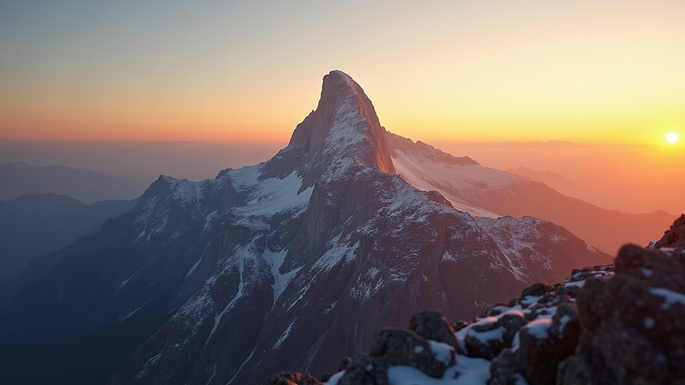 Eye-level view of a mountain peak with sunrise in the background