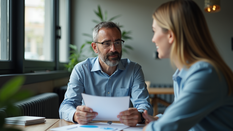 Eye-level view of a business consultant discussing strategy with a client
