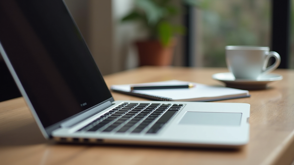 Eye-level view of a laptop on a wooden desk with a notebook and coffee cup