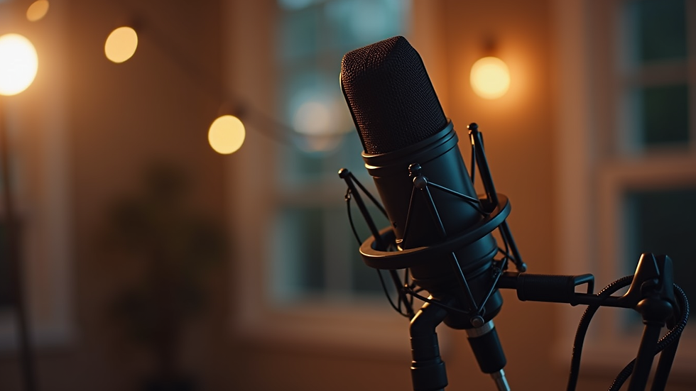 Close-up view of a microphone on a stand ready for a podcast recording