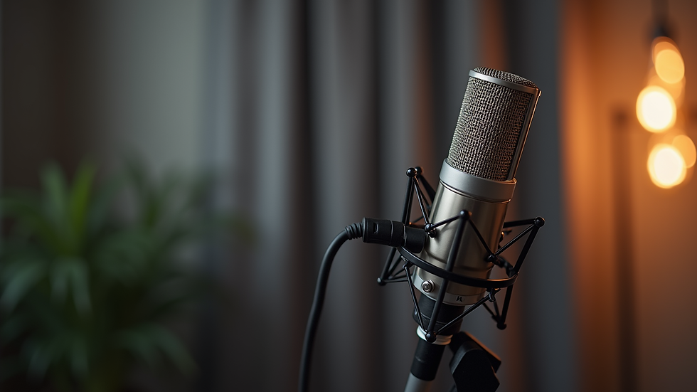 Close-up view of a microphone on a stand ready for a podcast recording