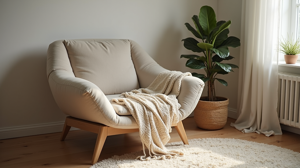 High angle view of a cozy corner with a comfortable chair, soft blanket, and a small plant