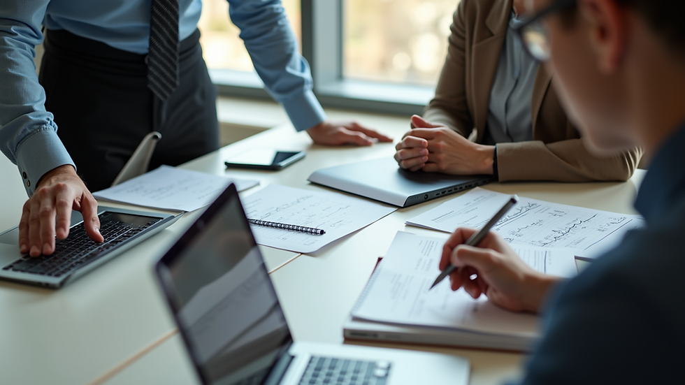 High angle view of a business team collaborating around a table with laptops and notes