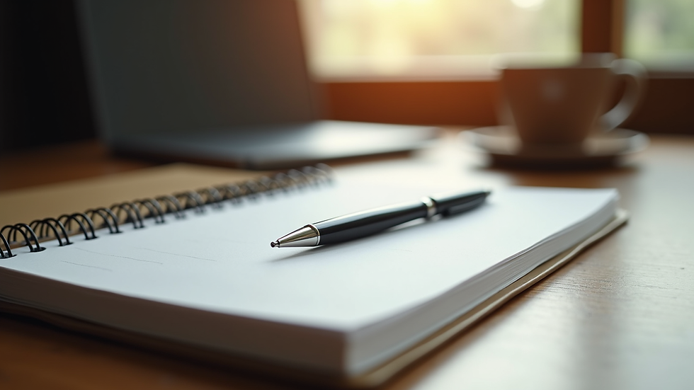 Close-up view of a journal and pen on a wooden desk, symbolizing reflection and planning