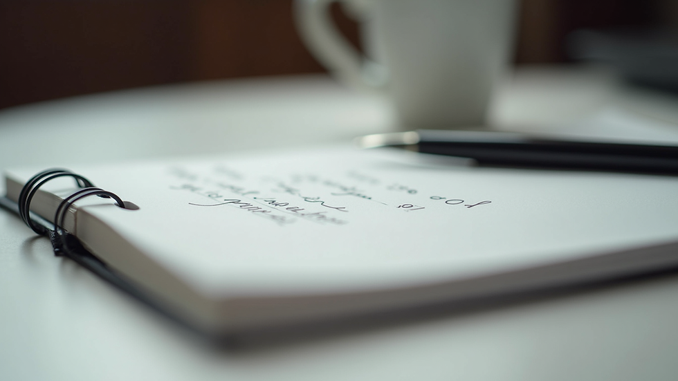 Eye-level view of a notebook with handwritten notes and a pen