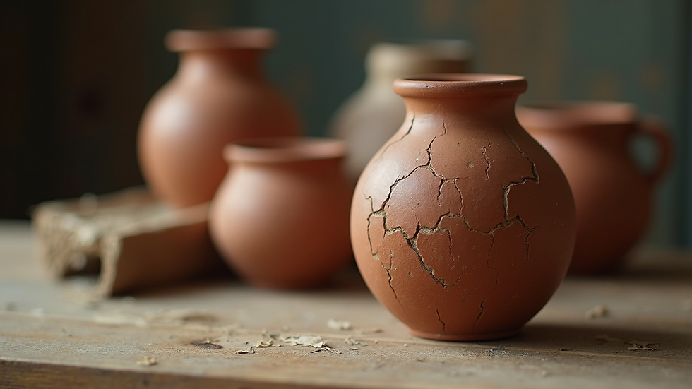 Close-up view of a cracked clay pot on a wooden table