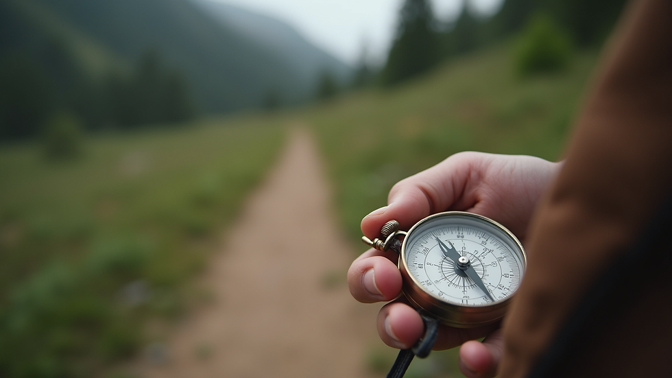 Close-up view of a person holding a compass on a hiking trail