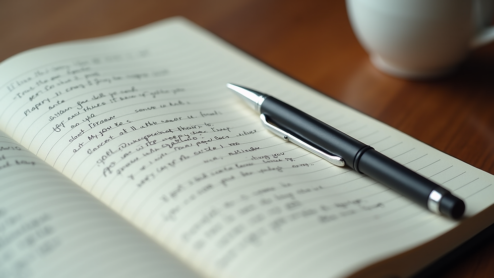 Close-up view of a journal with handwritten notes and a pen