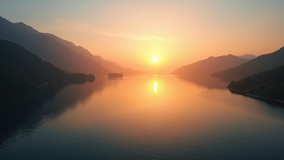 High angle view of a sunrise over a calm lake, symbolizing new beginnings and hope