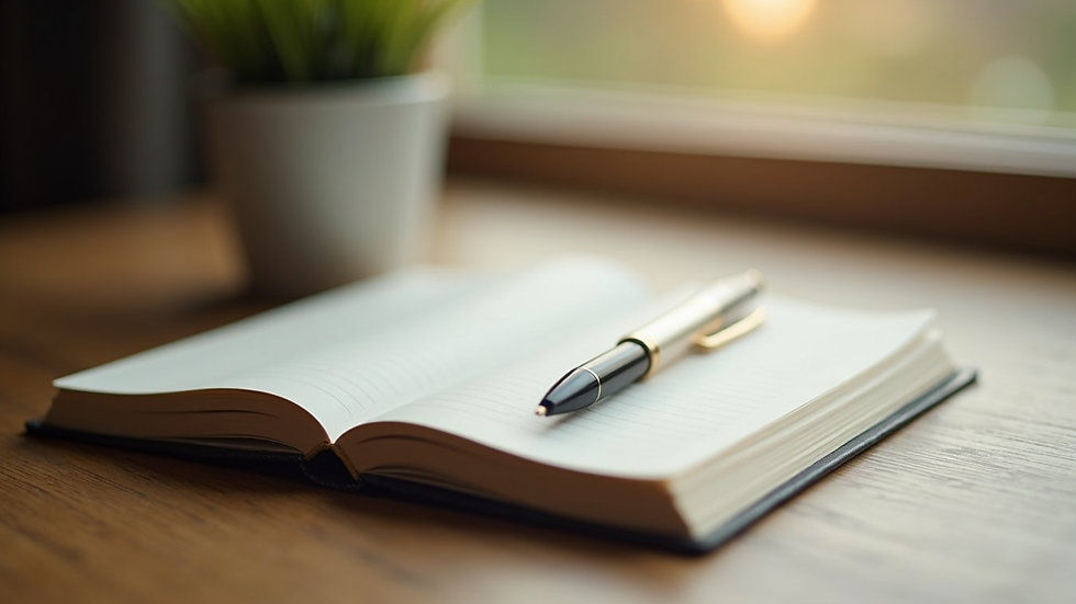 Close-up view of a journal and pen on a wooden desk with soft natural light