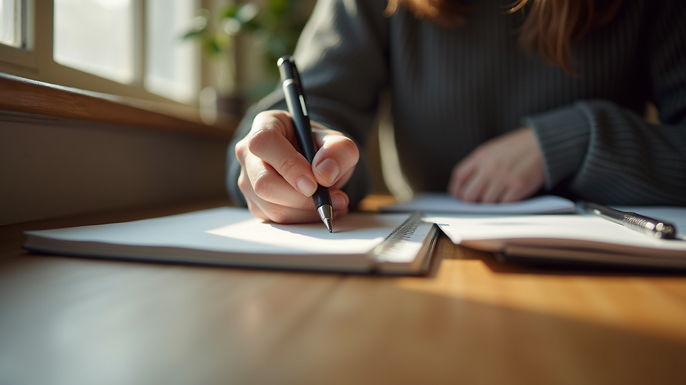 Eye-level view of a person writing in a journal on a wooden desk