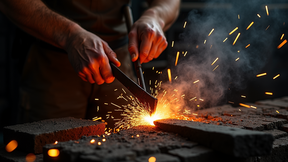 Close-up view of a blacksmith forging metal with sparks flying