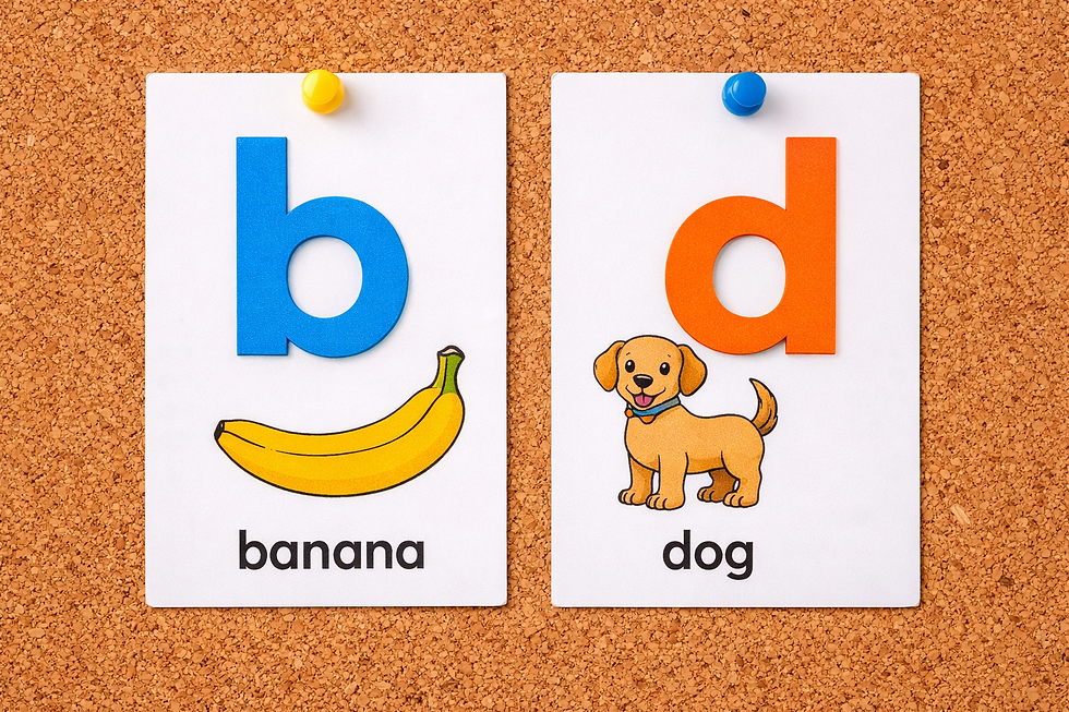 Flash cards with b and d.