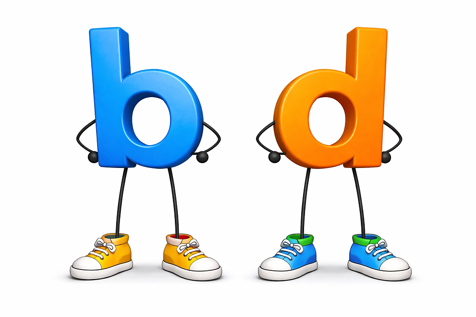 The letters b and d standing with
sneakers on.