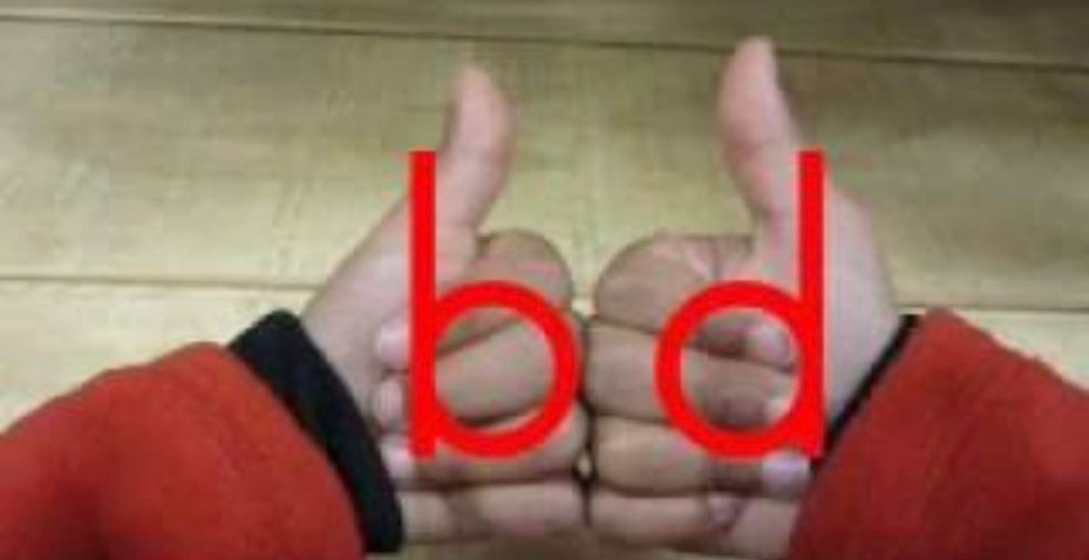 Two hands with thumbs up, making a b and d.